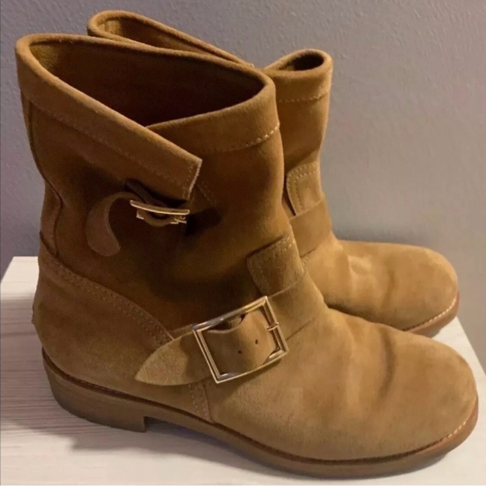 Jimmy Choo Tan Suede Moto Biker Buckled Boots Size 38